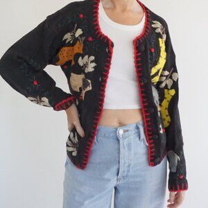 Vintage Designers Originals Black Knit Animal Giraffe Cow Bear Cardigan S